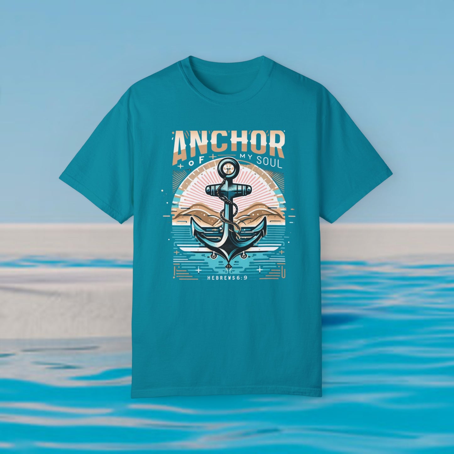 Dynamic "Anchor of My Soul" Christian graphic tee featuring a powerful anchor set against a serene ocean backdrop, perfect for expressing faith and spirituality with a vintage touch.