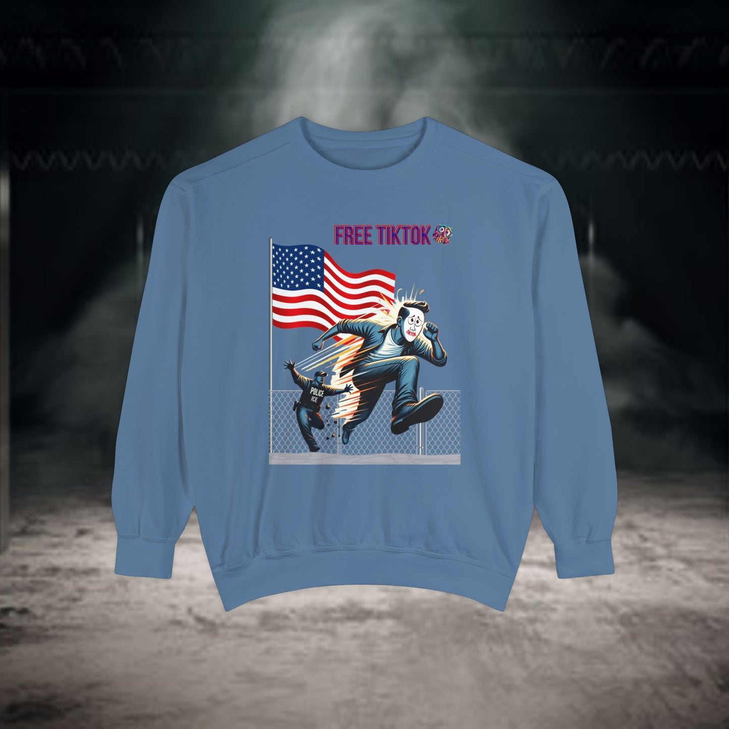 Bold "Free TikTok" vintage graphic sweatshirt featuring a dynamic illustration of a rebellious figure escaping over a fence with the American flag in the background, perfect for making a statement with style.