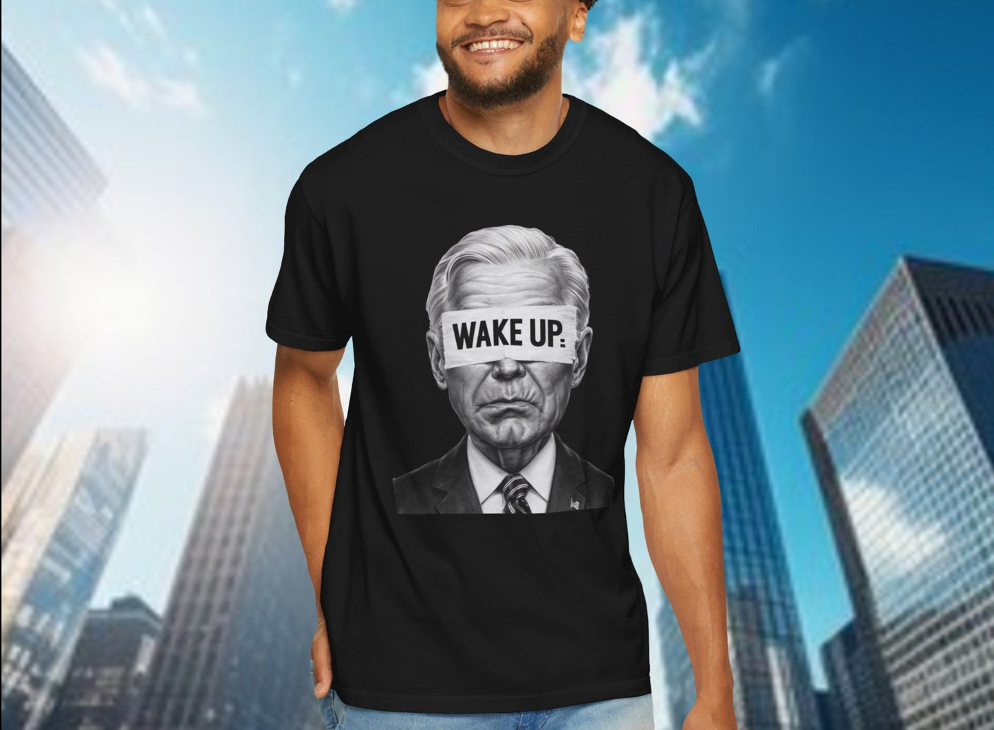 Bold "Wake Up" political t-shirt featuring an image of Joe Biden with "WAKE UP" text across his eyes, perfect for making a strong political statement.