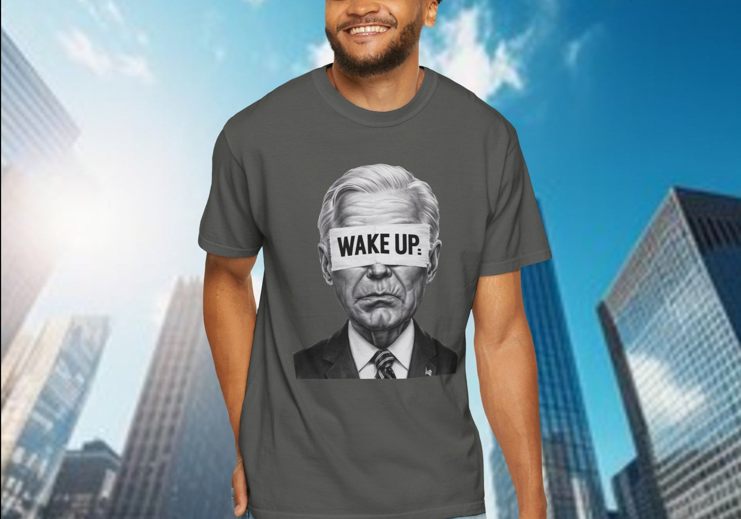 Bold "Wake Up" political t-shirt featuring an image of Joe Biden with "WAKE UP" text across his eyes, perfect for making a strong political statement.