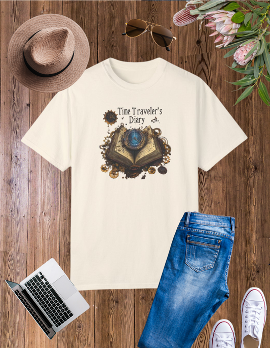 Time Traveler's Diary Unisex Garment-Dyed T-Shirt - Vintage Steampunk Design