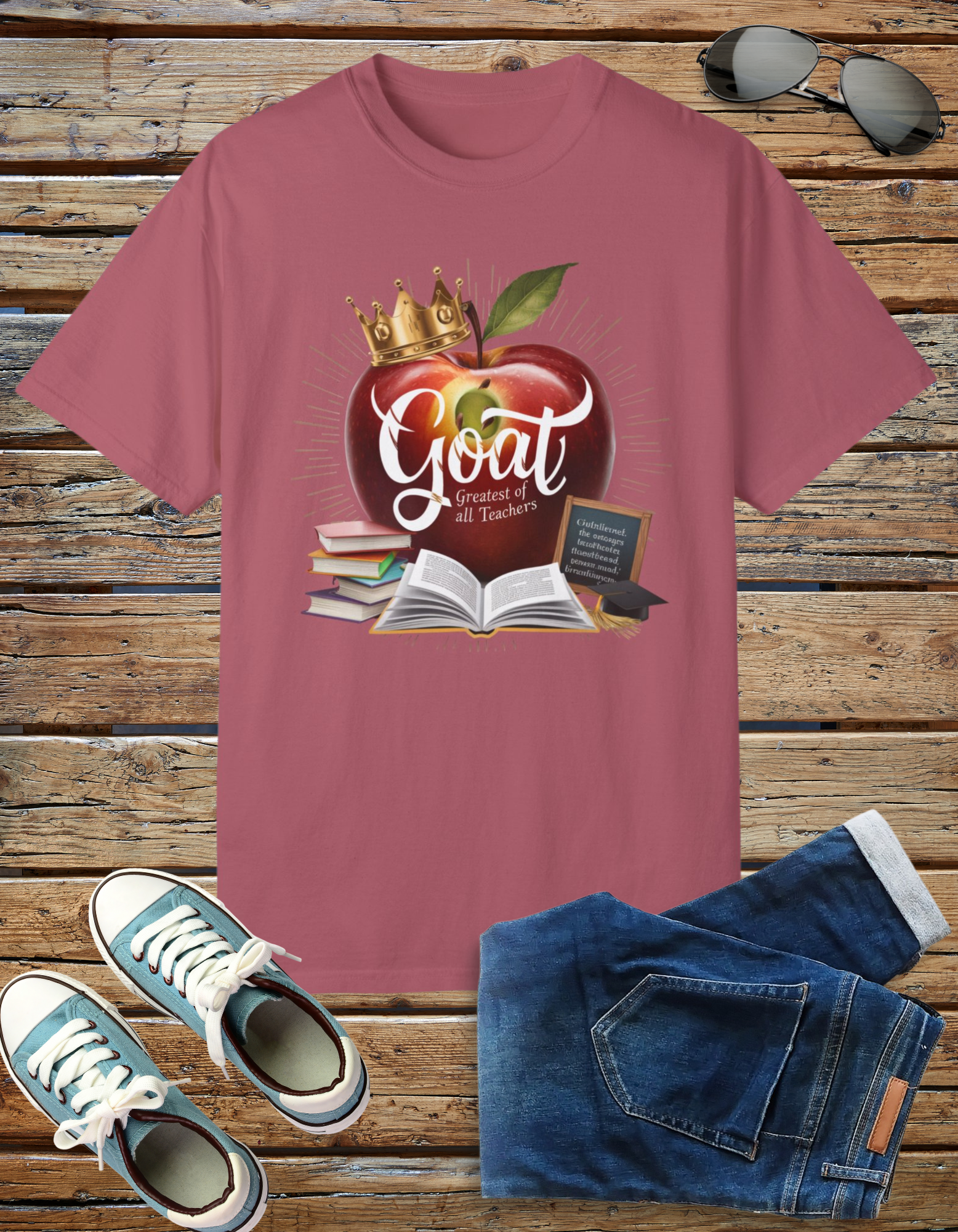 Greatest of All Teachers t-shirt featuring a crown on an apple and books, perfect end-of-year gift for educators.