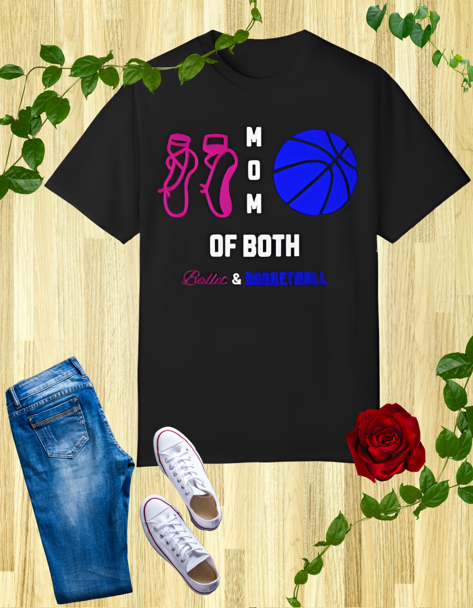 Mom of Both t-shirt featuring ballet slippers and basketball / cheerleading pom-poms and football helmet design