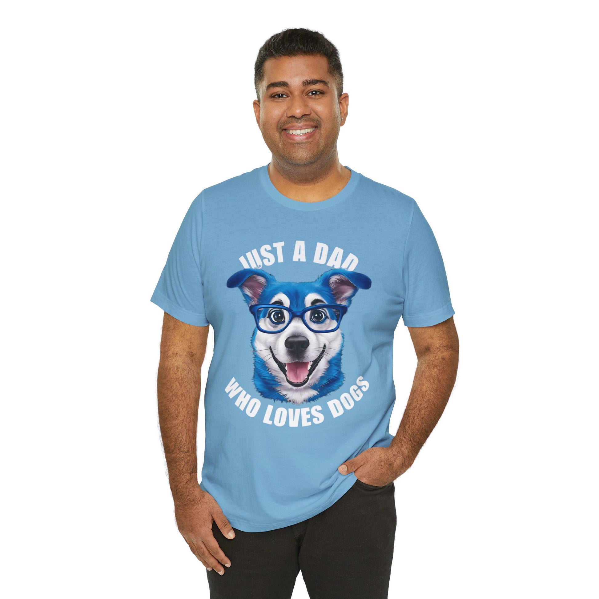 Just a Dad Who Loves Dogs t-shirt featuring a cute dog graphic, perfect for dads who love dogs.