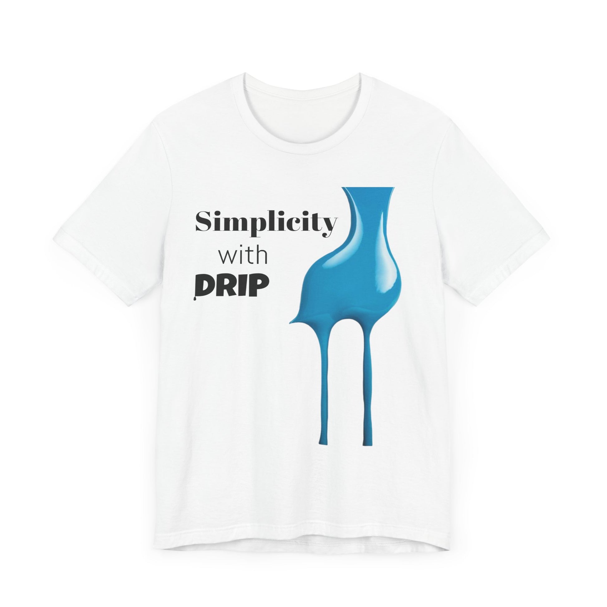 White tee with a striking blue drip graphic and 'Simplicity with DRIP' text, merging minimalistic design with a pop of color.