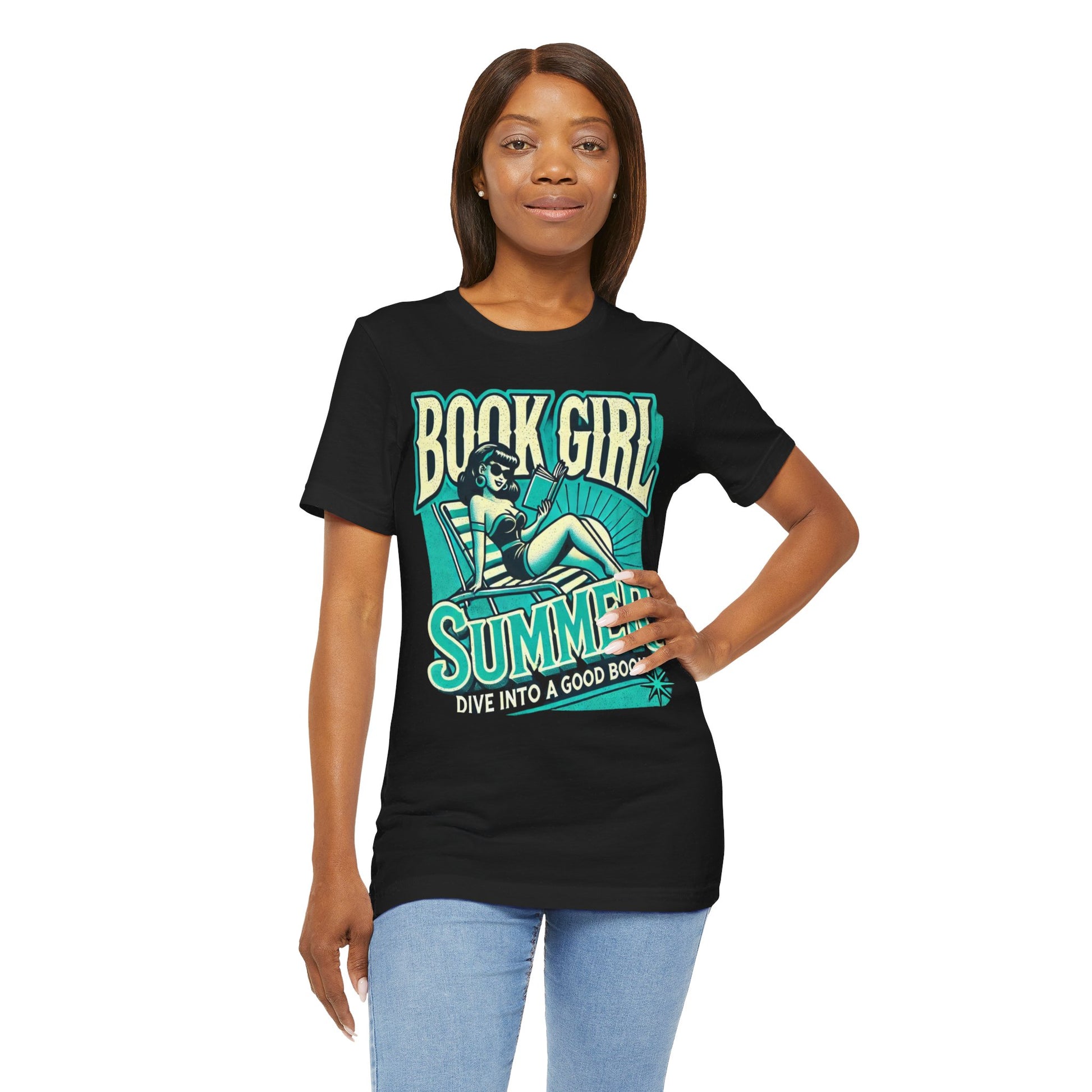 Black t-shirt with "Book Girl Summer" featuring a vintage pinup girl lounging and reading, text "Dive Into a Good Book."