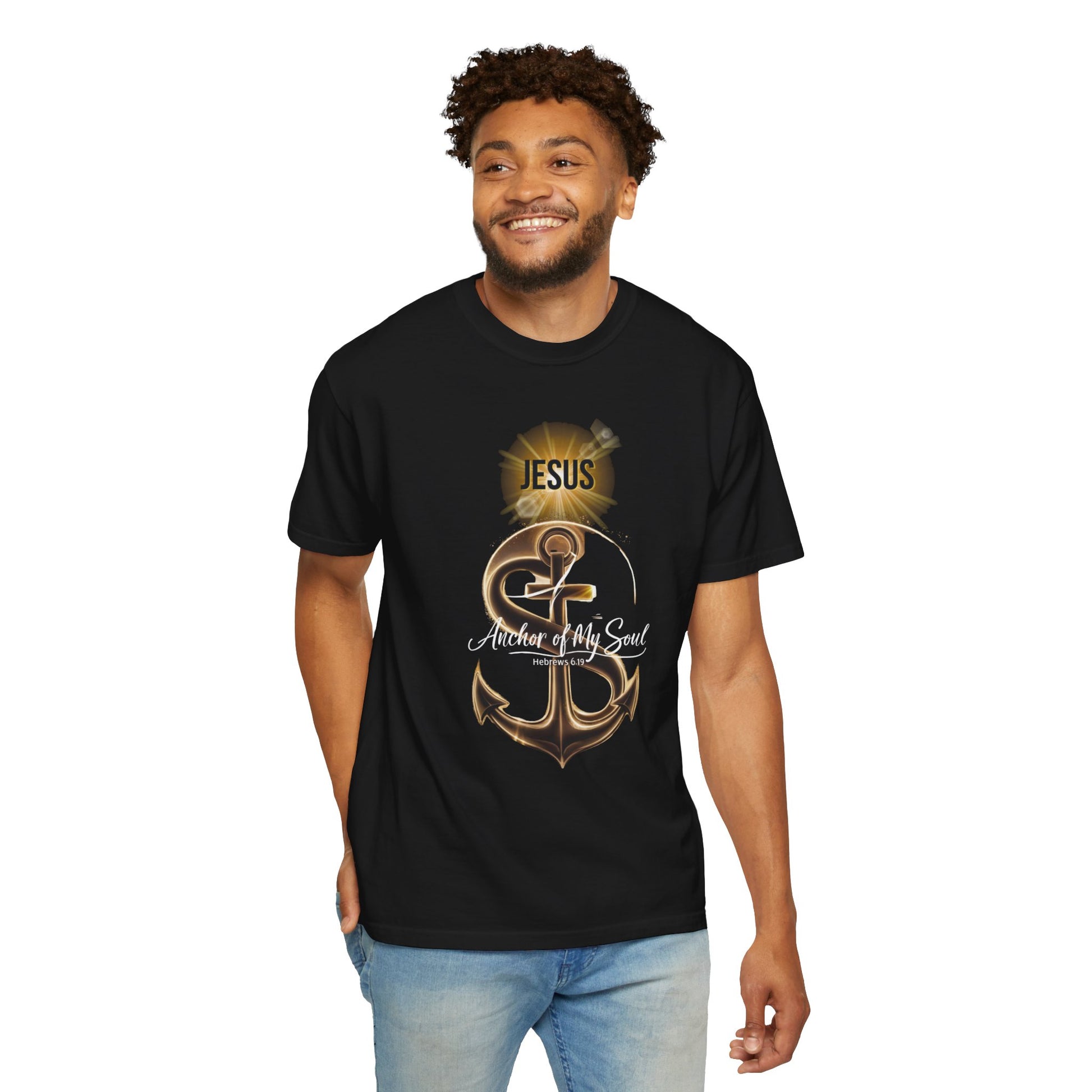 Empowering "Jesus is the Anchor of My Soul" Christian graphic tee featuring a powerful anchor design with radiant light, perfect for expressing faith and spirituality with a vintage touch.