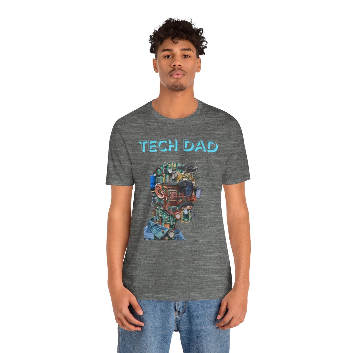 T-shirt with a bold 'Tech Dad' design, featuring a vibrant circuit board graphic, perfect for tech-savvy dads.