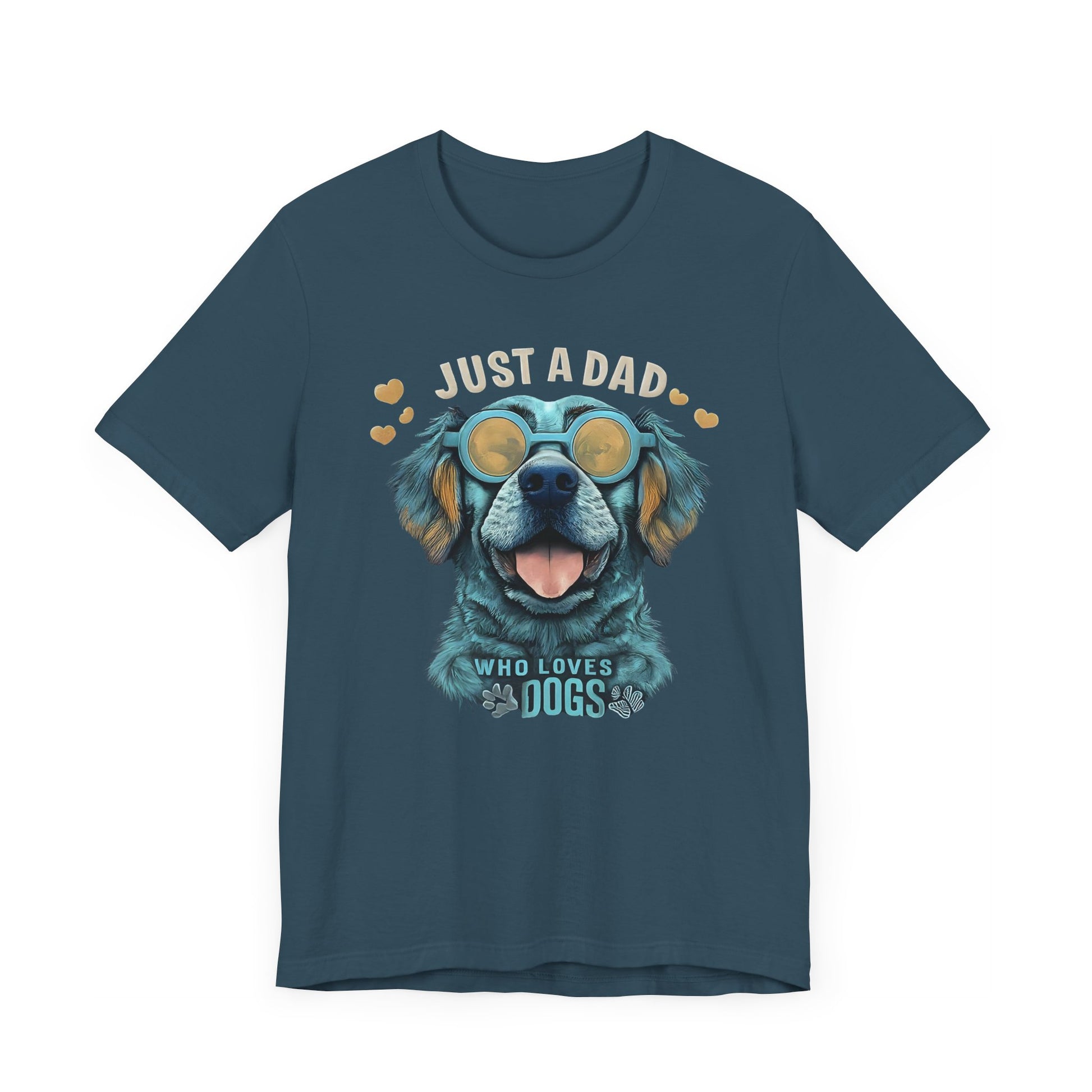 T-shirt featuring a vibrant and colorful graphic of a dog wearing glasses, with the text "Just a Dad Who Loves Dogs" prominently displayed. Perfect for dog dads and Father's Day gifts.