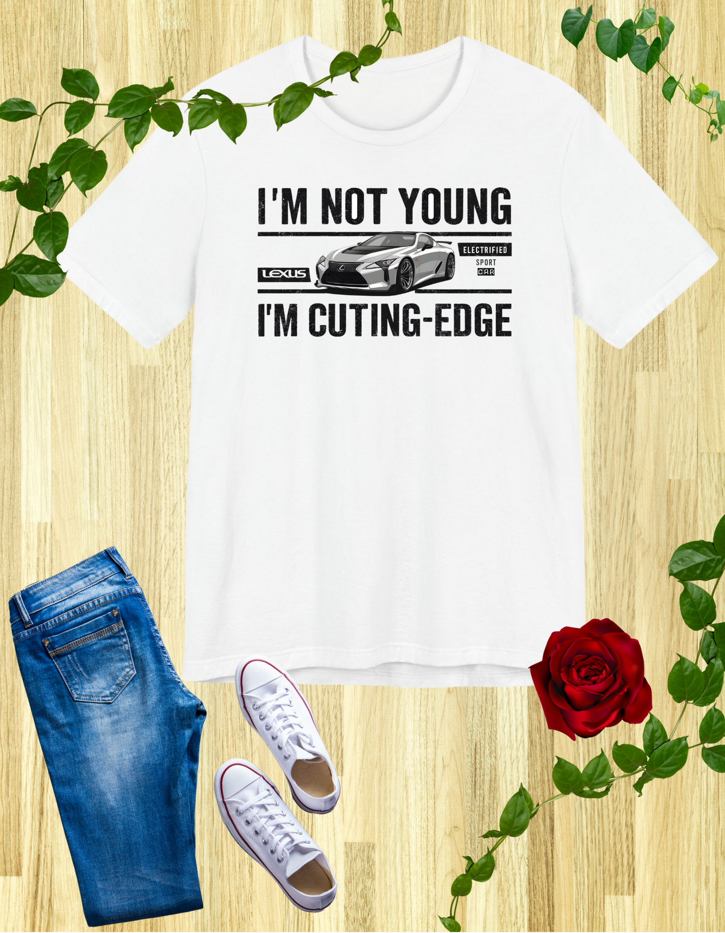 White t-shirt with "I'm Not Young, I'm Cutting-Edge" text and a sleek car design, perfect for car enthusiasts and automotive fans.