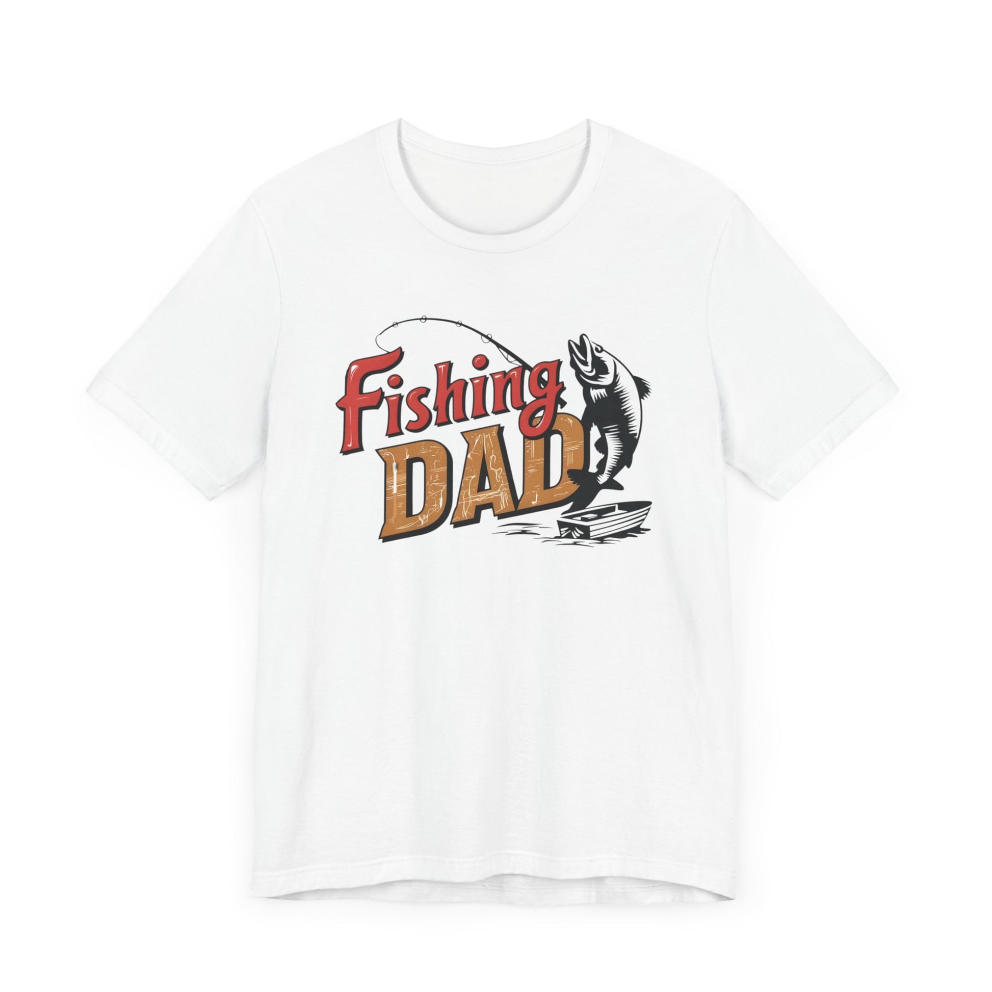 GOAT Dad Fishing T-Shirt featuring a silhouette of a dad fishing with the text 'GOAT' and a colorful fish design, perfect gift for dads who love fishing.