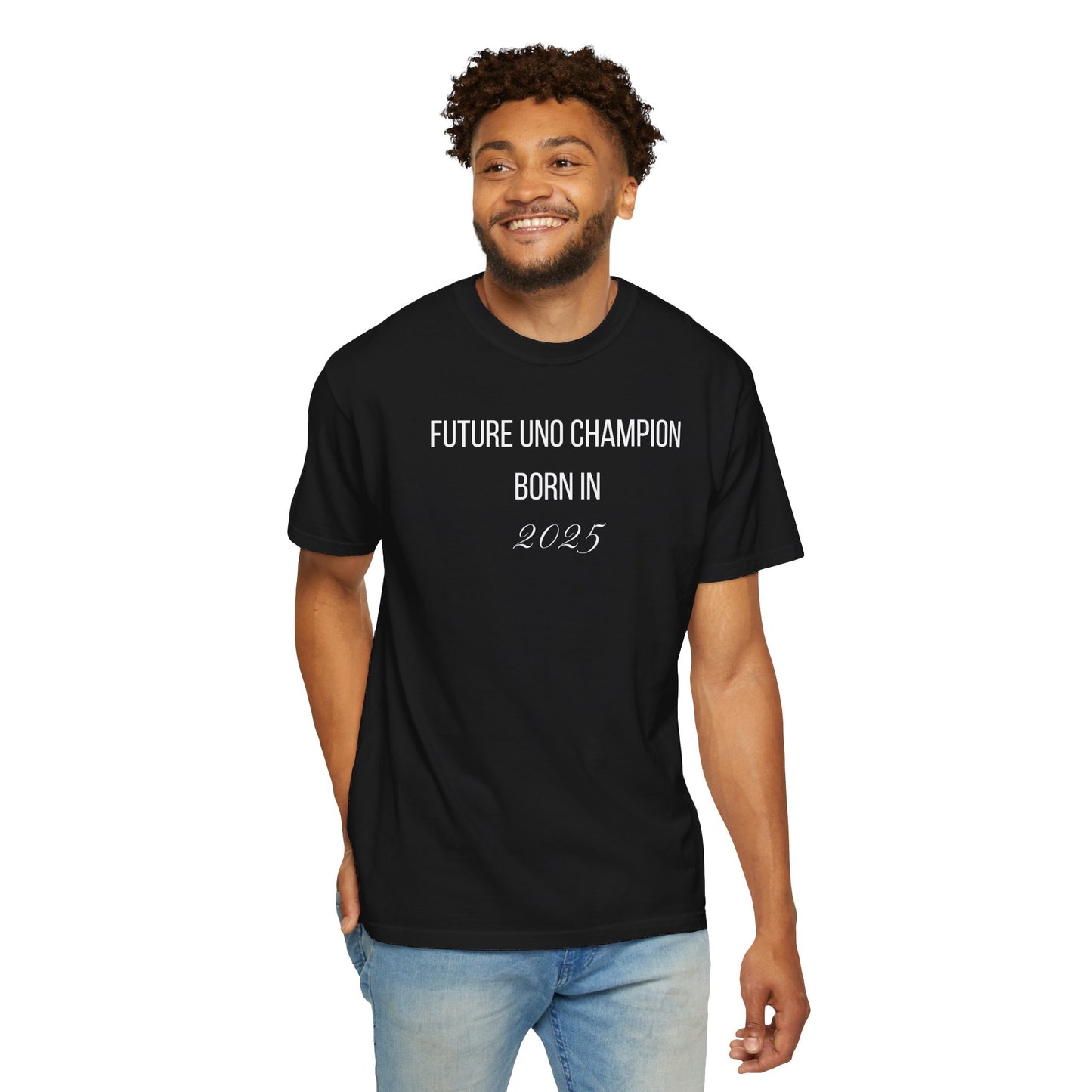 Black t-shirt with the text "Future UNO Champion Born in 2024" in a stylish, playful font.