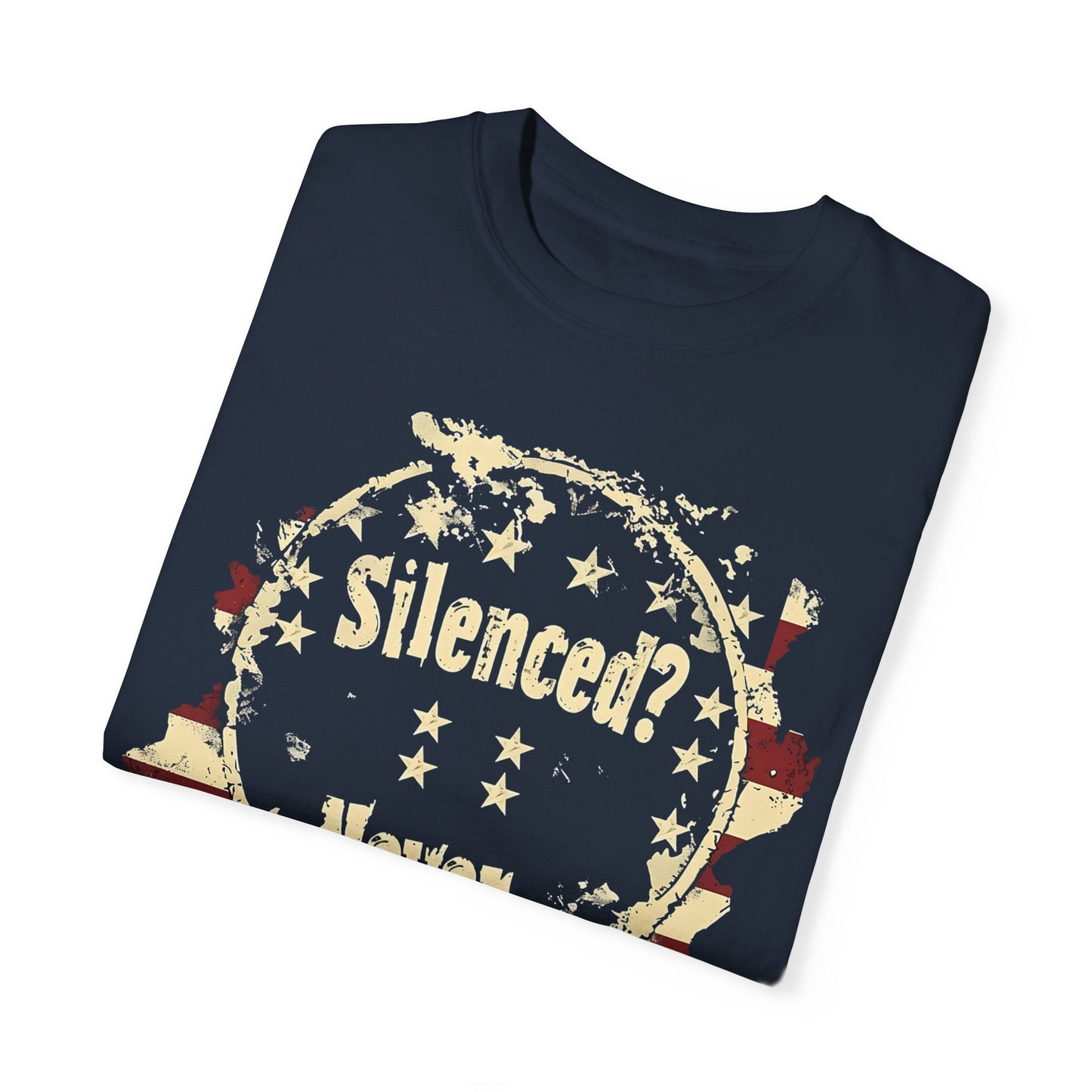 Silenced? Never. Patriotic T-Shirt with Vintage American Flag Design