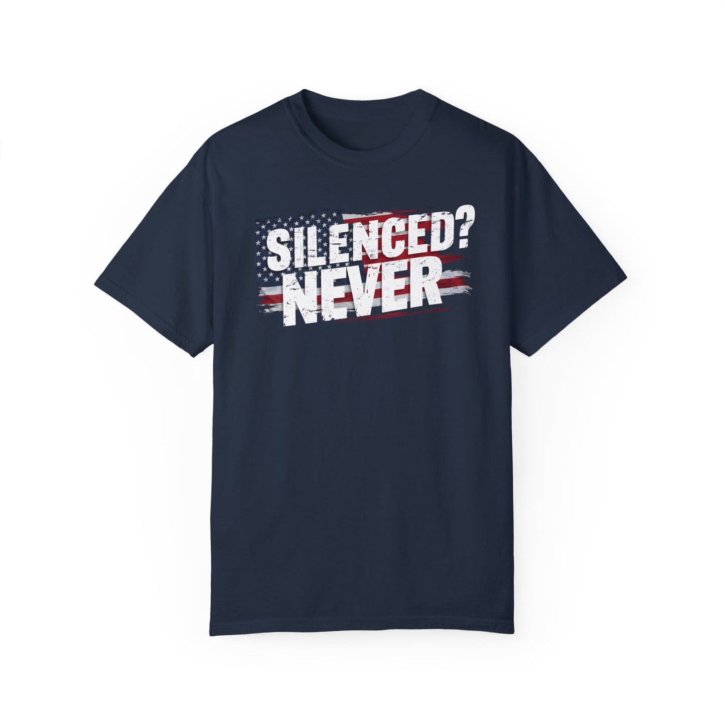 Silenced? Never. Patriotic T-Shirt with Vintage American Flag Design