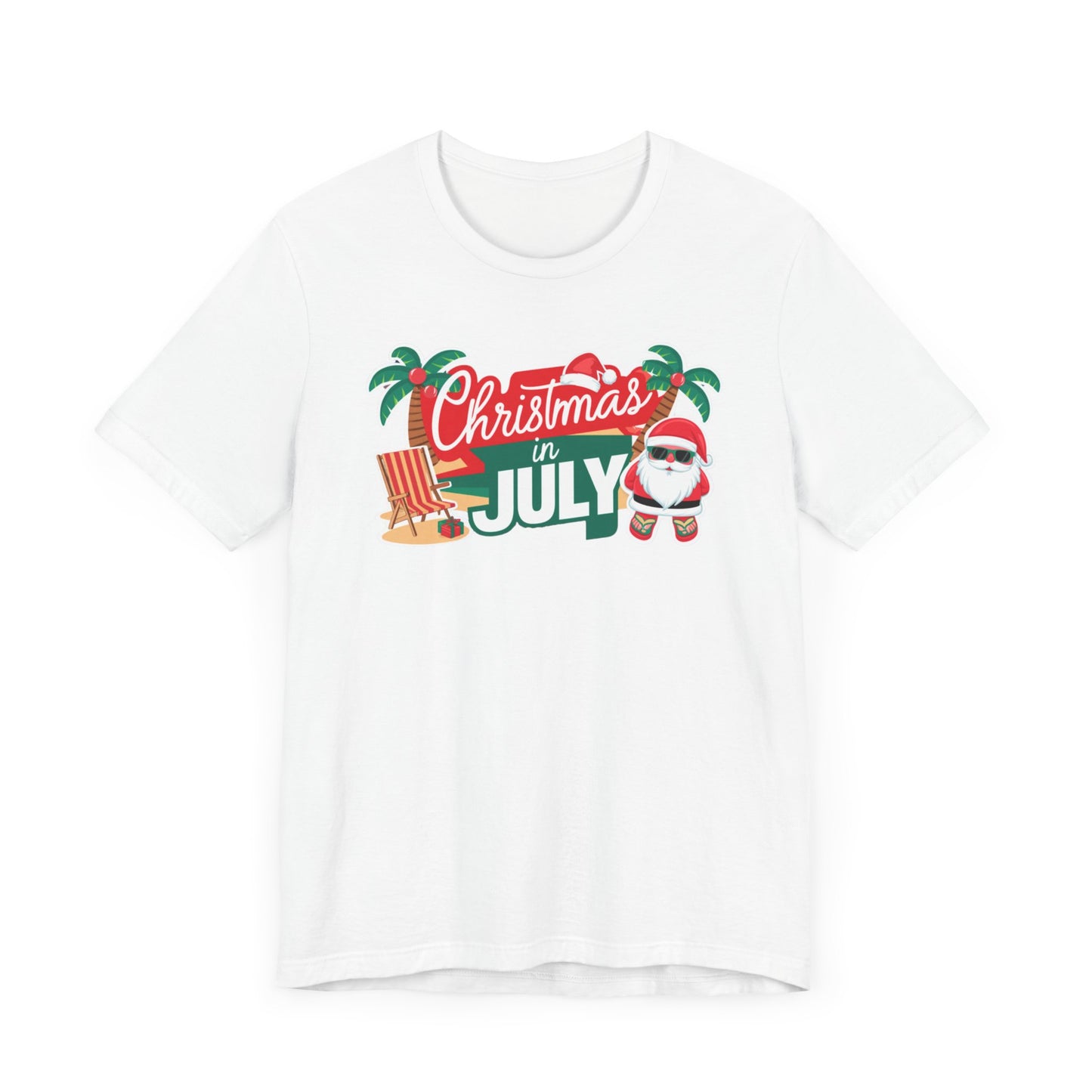 Tropical-themed t-shirts featuring the text "Christmas in July" with festive elements like palm trees, beach chairs, and a Santa.