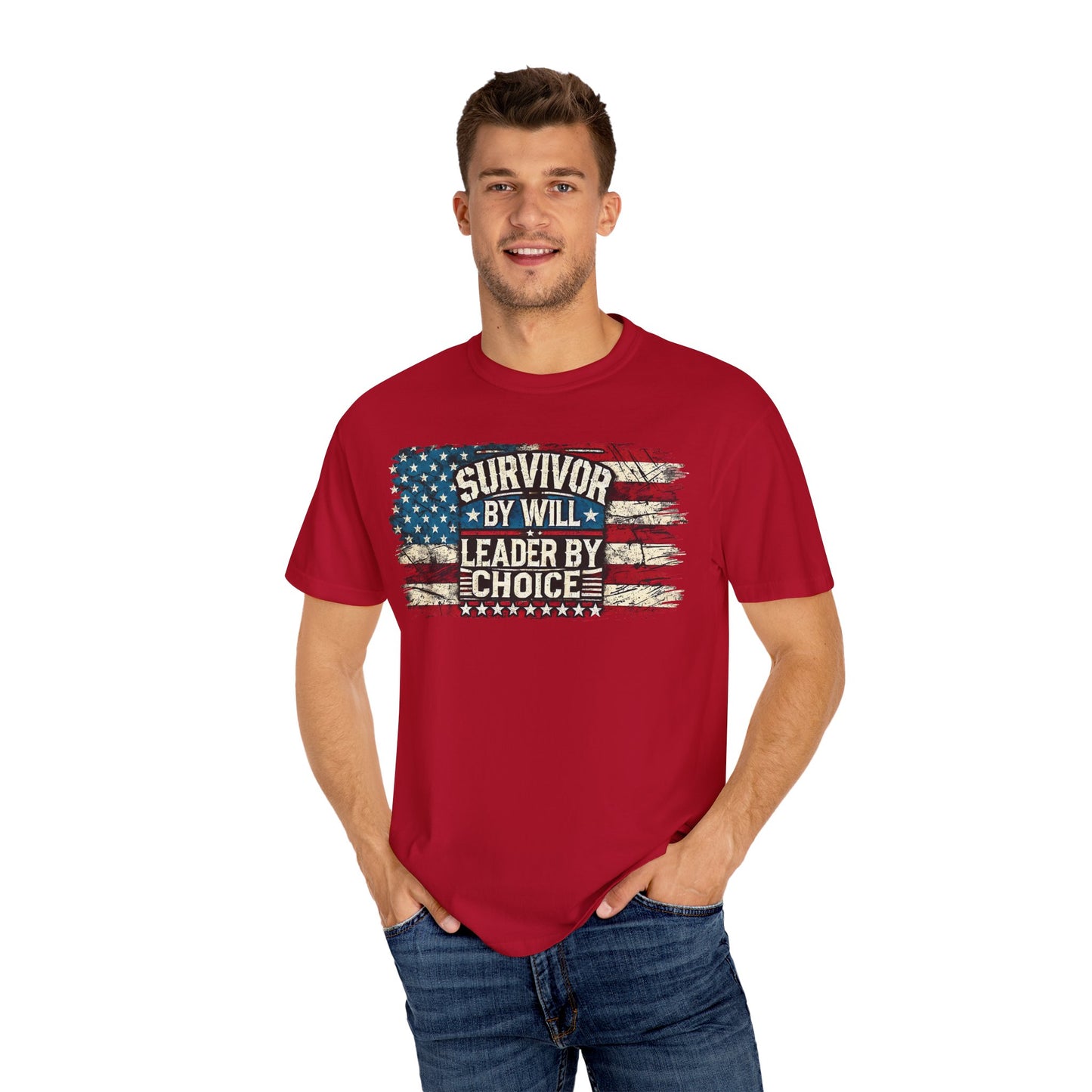 Patriotic T-Shirt - Survivor by Will, Leader by Choice | Vintage American Flag Design