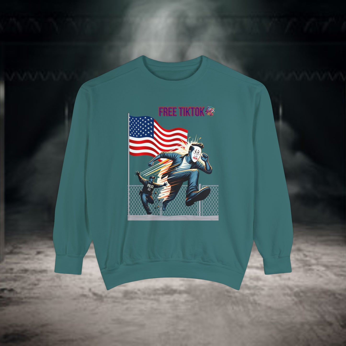 Bold "Free TikTok" vintage graphic sweatshirt featuring a dynamic illustration of a rebellious figure escaping over a fence with the American flag in the background, perfect for making a statement with style.