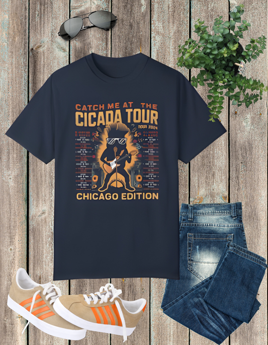 Cicada Tour 2024 Chicago Edition t-shirt featuring a mystical cicada design, with event dates and details in an eye-catching layout.