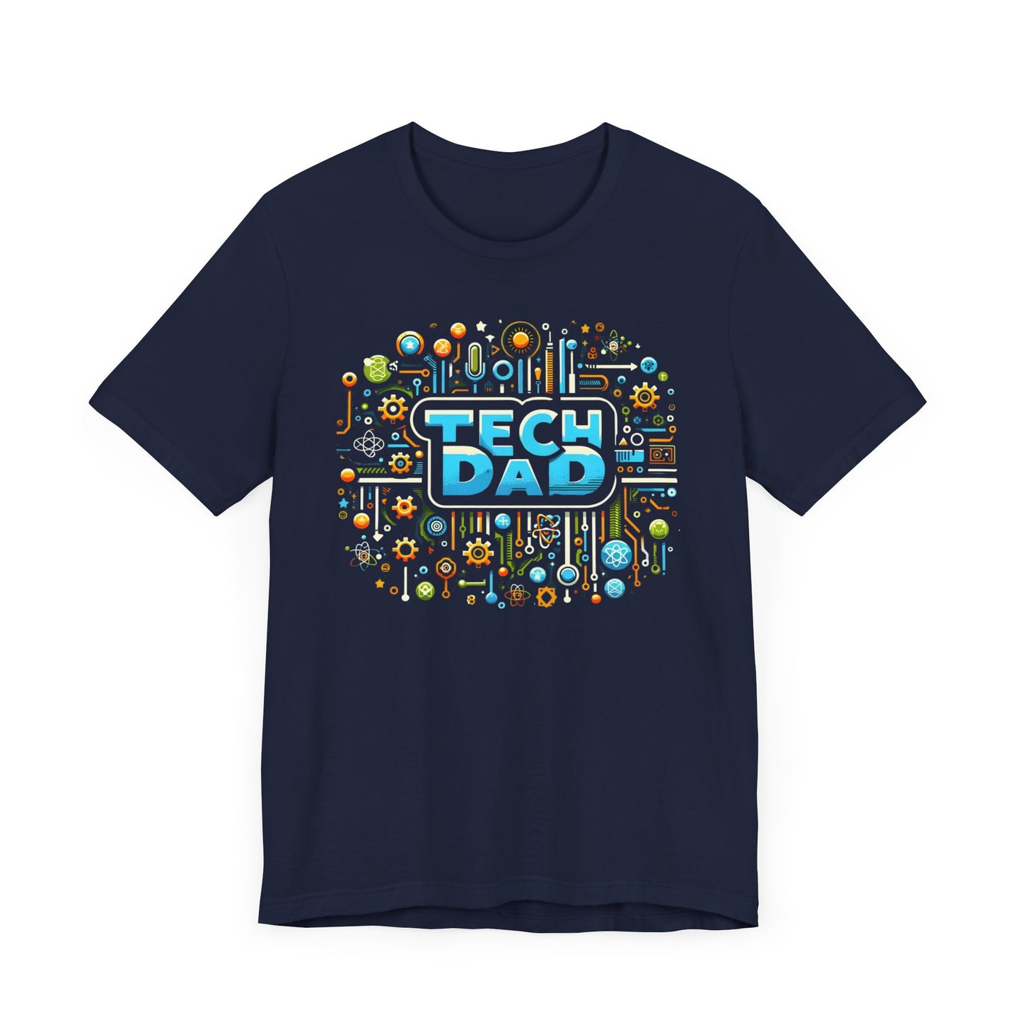 T-shirt with a bold 'Tech Dad' design, featuring a vibrant circuit board graphic, perfect for tech-savvy dads.