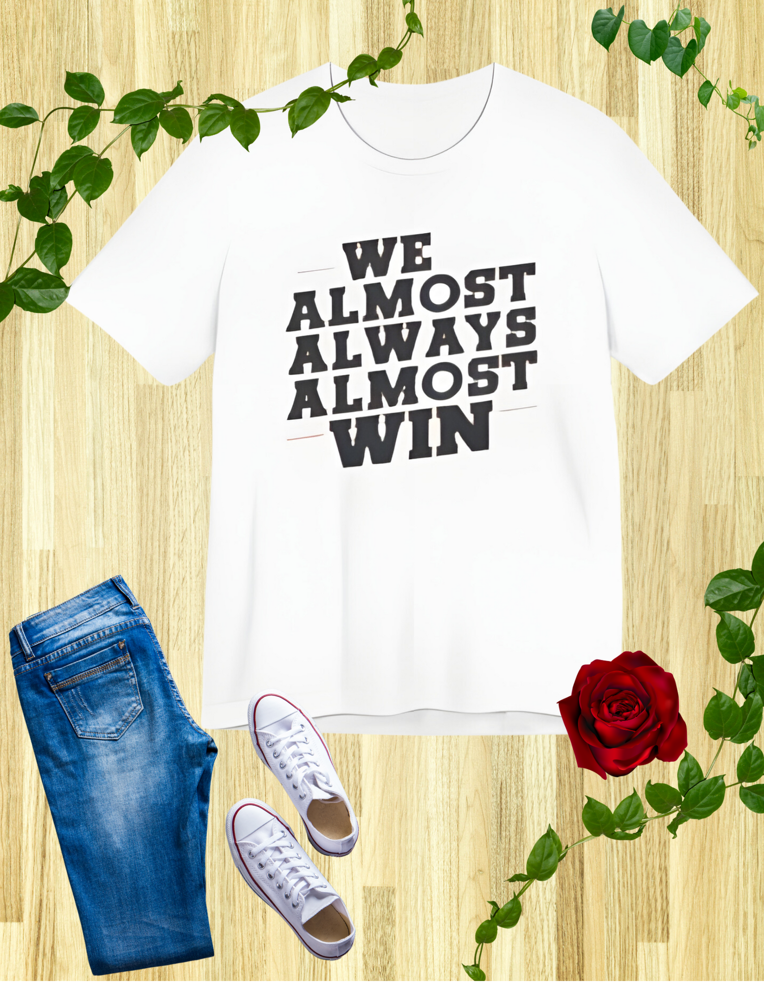 A stylish t-shirt with the motivational and humorous quote "We Almost Always Almost Win" printed in bold letters, perfect for sports enthusiasts and team players.