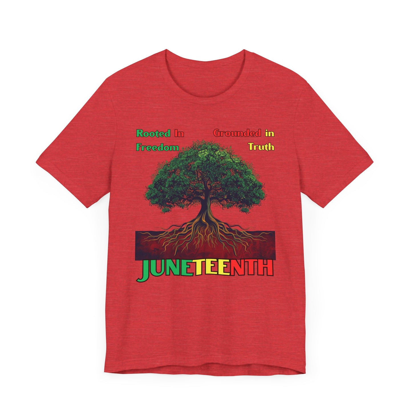 Empowering 'Rooted in Freedom' Juneteenth shirt featuring a majestic tree with roots symbolizing strength and resilience, perfect for celebrating heritage and Black history.