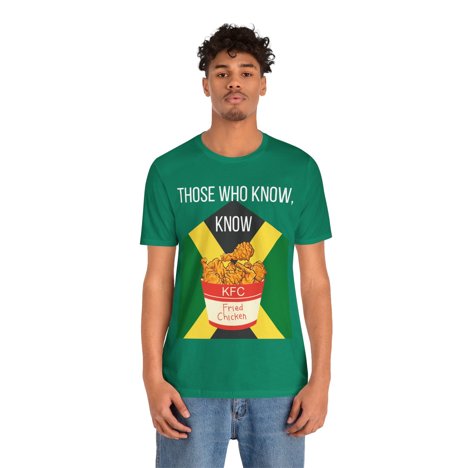 Green & black t-shirts with a design featuring a bucket of KFC fried chicken against the Jamaican flag and the text 'Those Who Know, Know'.