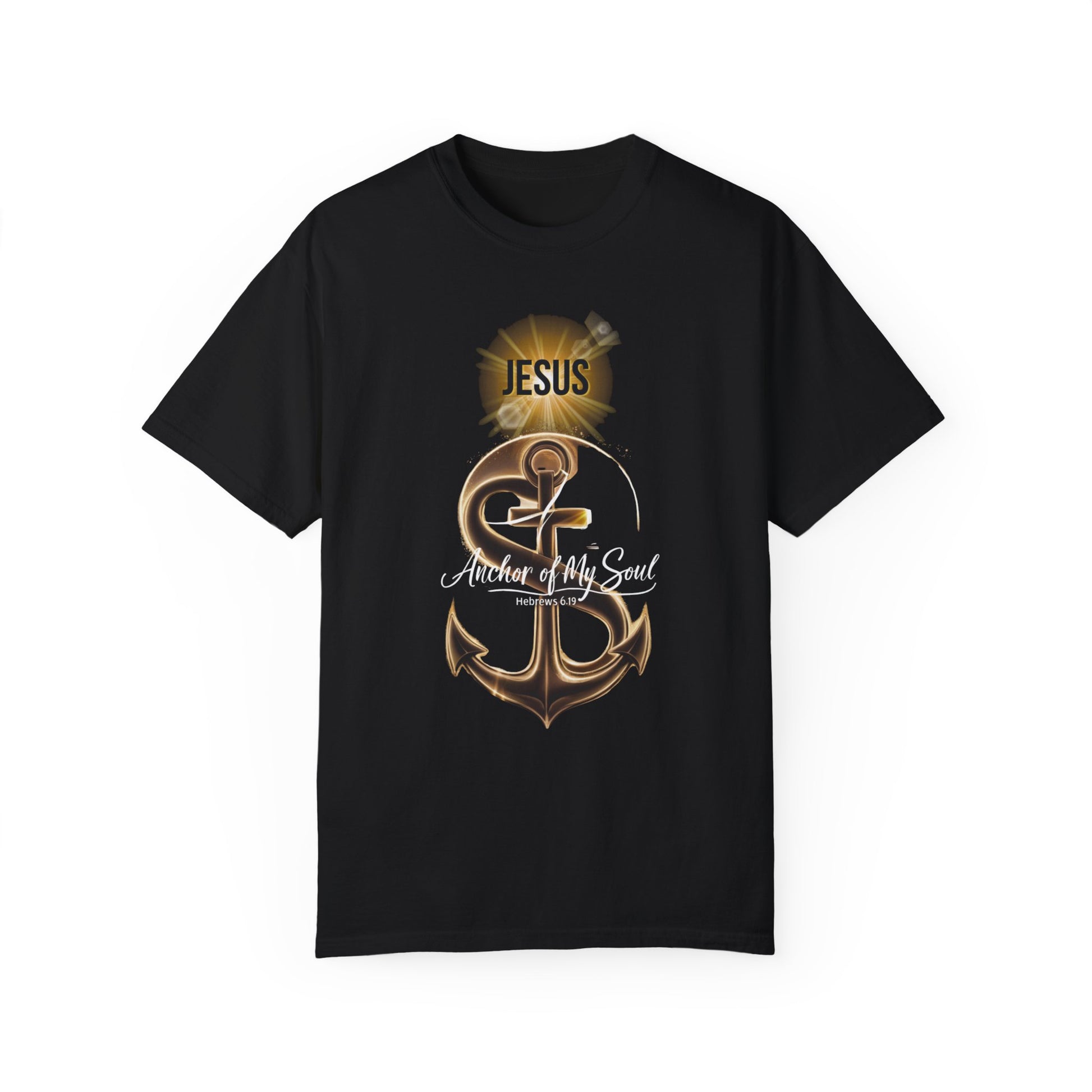 Empowering "Jesus is the Anchor of My Soul" Christian graphic tee featuring a powerful anchor design with radiant light, perfect for expressing faith and spirituality with a vintage touch.