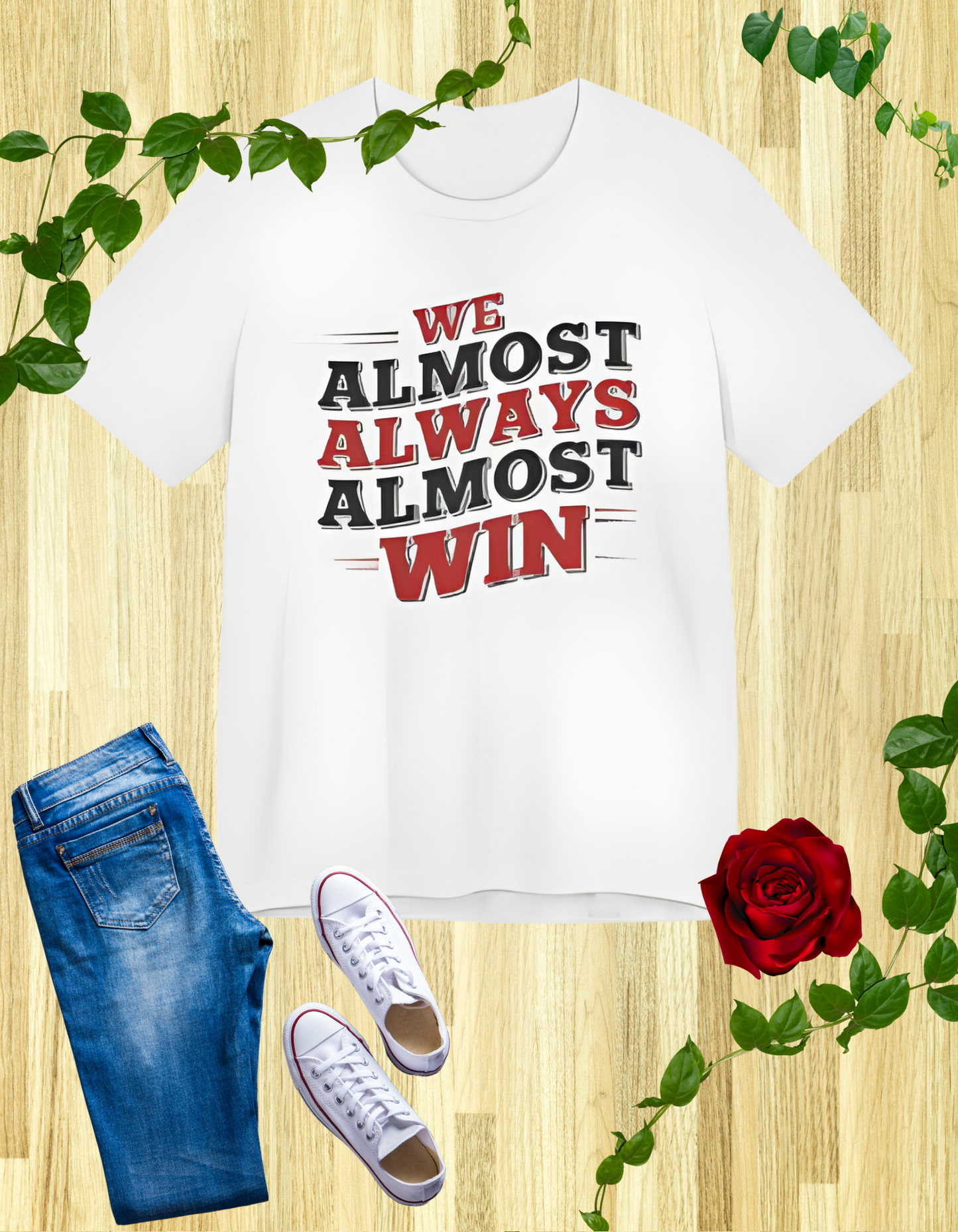 A stylish t-shirt with the motivational and humorous quote "We Almost Always Almost Win" printed in bold letters, perfect for sports enthusiasts and team players.