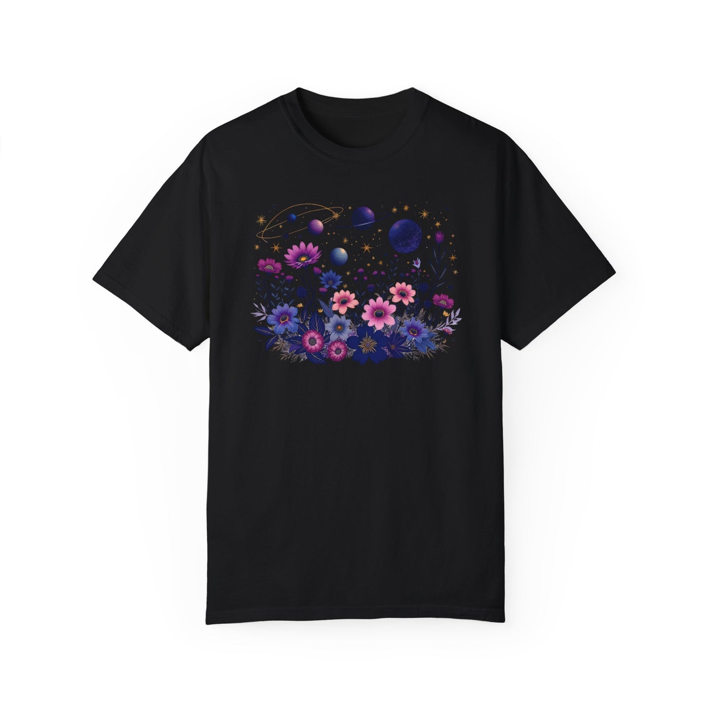 Cosmic Floral Unisex Garment-Dyed T-Shirt - Perfect for Nature Lovers & Stargazers