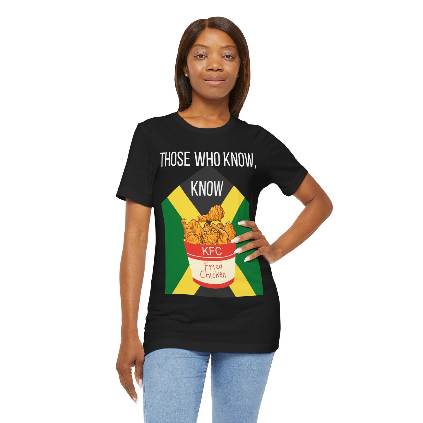 Green & black t-shirts with a design featuring a bucket of KFC fried chicken against the Jamaican flag and the text 'Those Who Know, Know'.