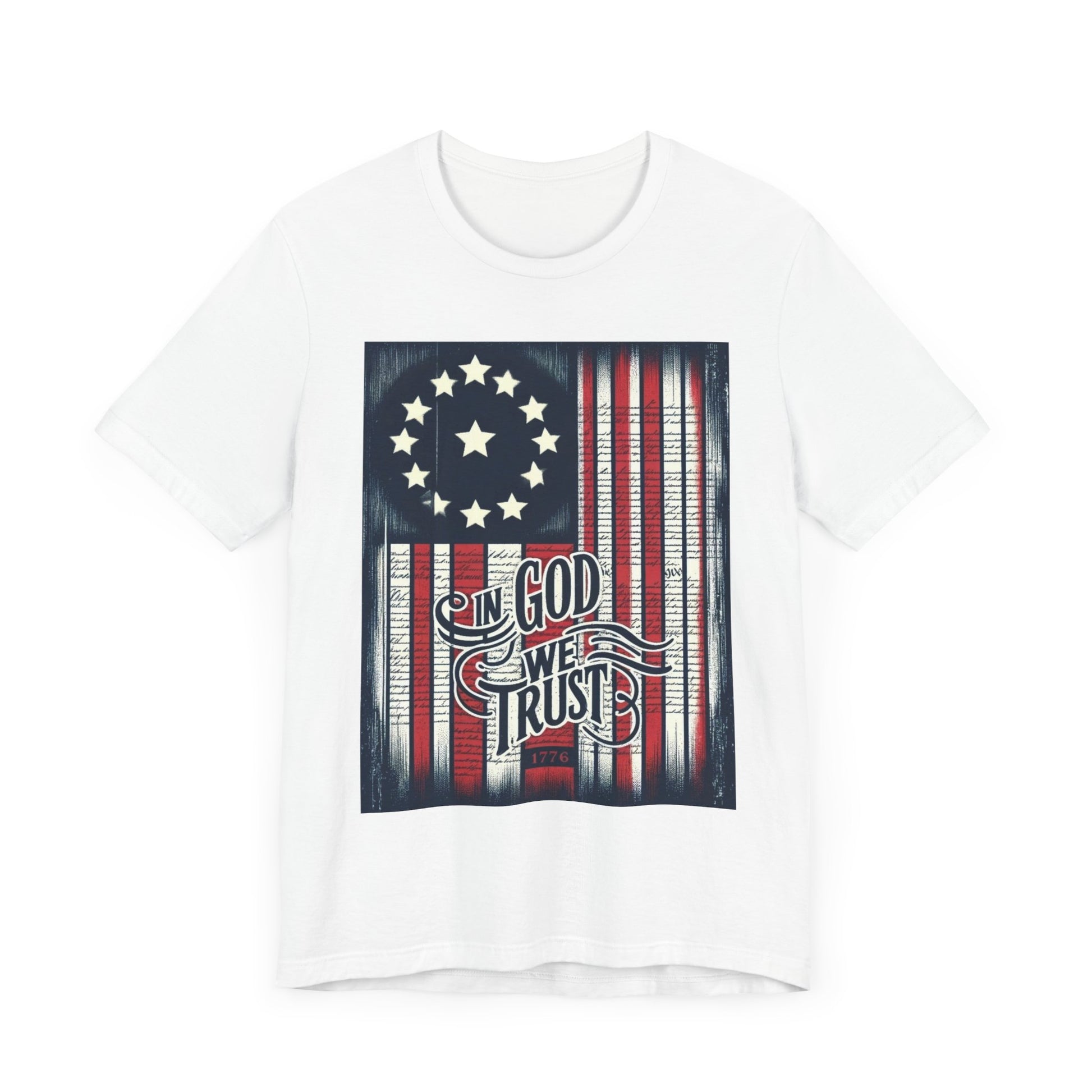 Patriotic 'In God We Trust' 4th of July shirt featuring a vintage American flag design with a bold 'In God We Trust' slogan, perfect for Independence Day celebrations.