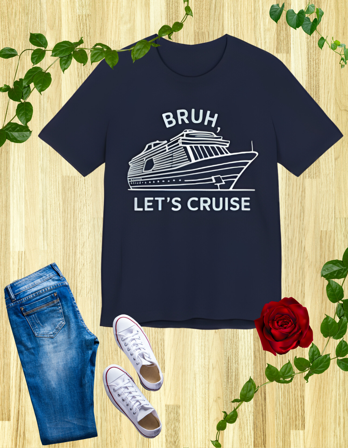 Funny 'Bruh, Let's Cruise' t-shirt with cruise ship graphic, perfect for cruise enthusiasts and vacation travelers.