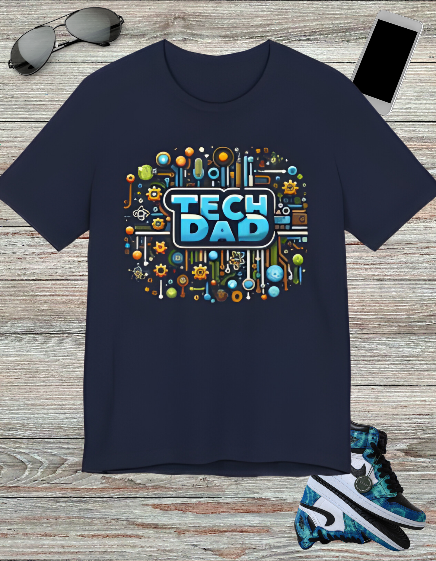 T-shirt with a bold 'Tech Dad' design, featuring a vibrant circuit board graphic, perfect for tech-savvy dads.