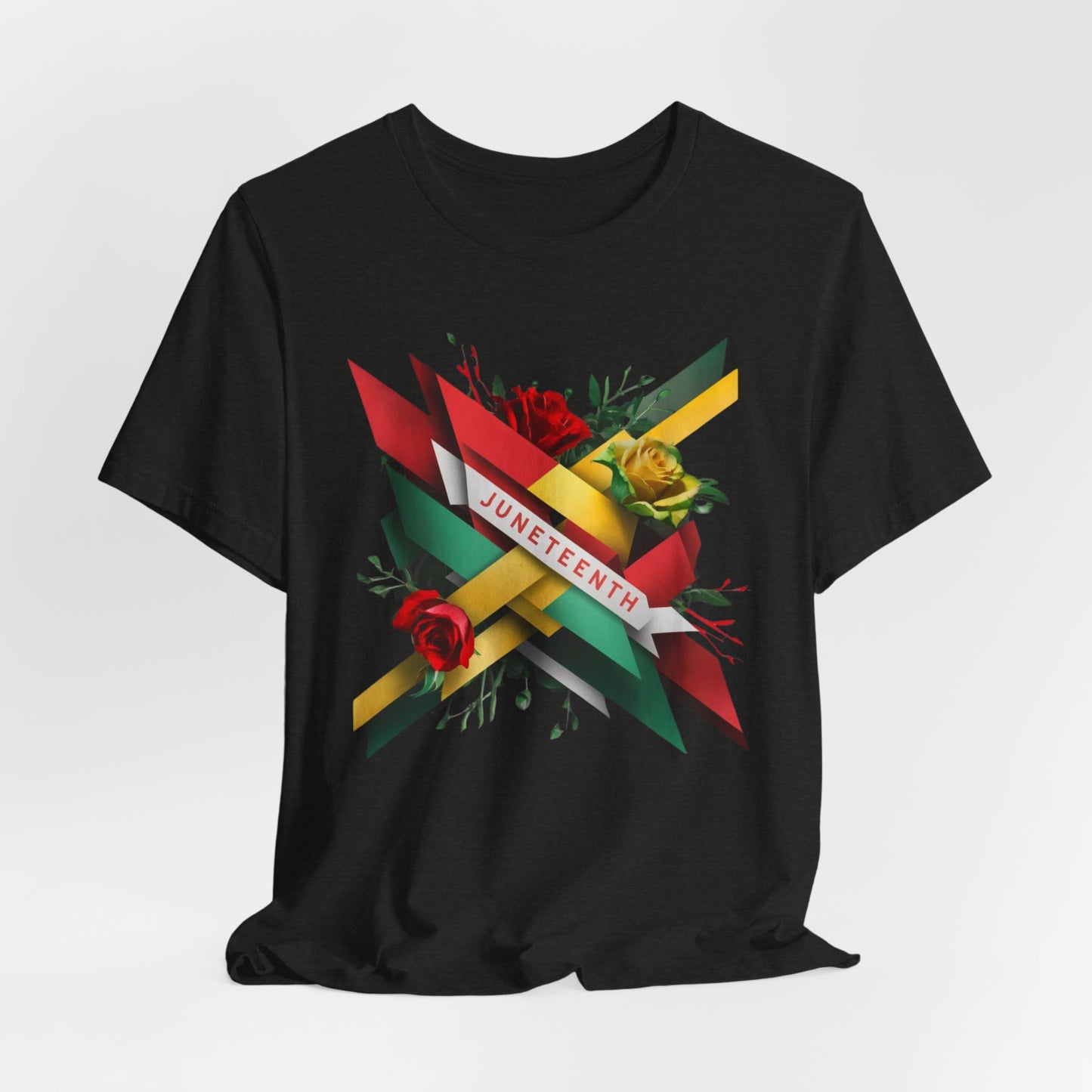 Vibrant Juneteenth Designed Shirt featuring a dynamic flag pattern with bold colors and blooming roses, perfect for celebrating freedom and Black history.