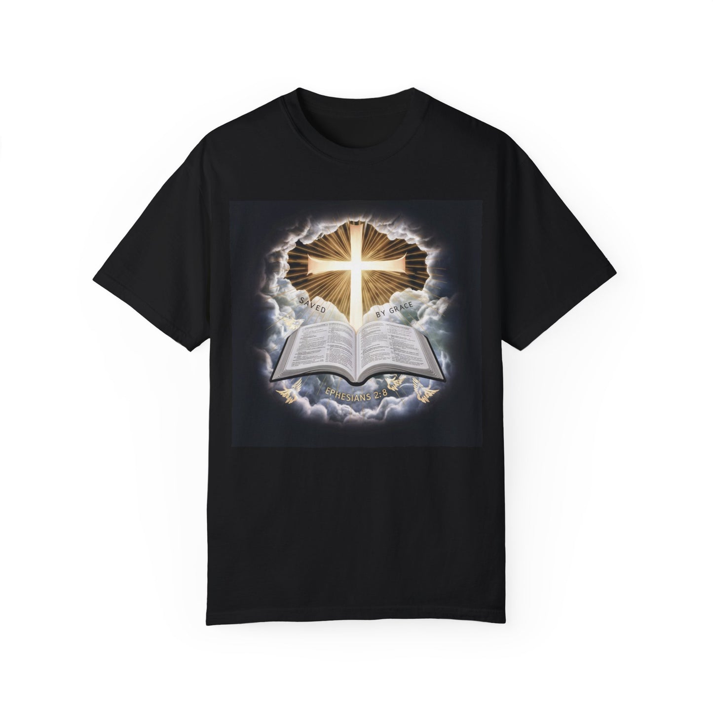 Divine "Saved by Grace" Christian graphic tee featuring a radiant cross emerging from the clouds and an open Bible with Ephesians 2:8, perfect for expressing faith and spirituality.