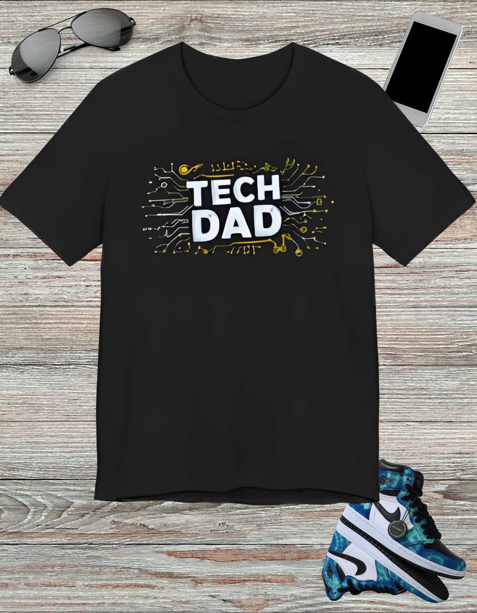 T-shirt with a bold 'Tech Dad' design, featuring a vibrant circuit board graphic, perfect for tech-savvy dads.