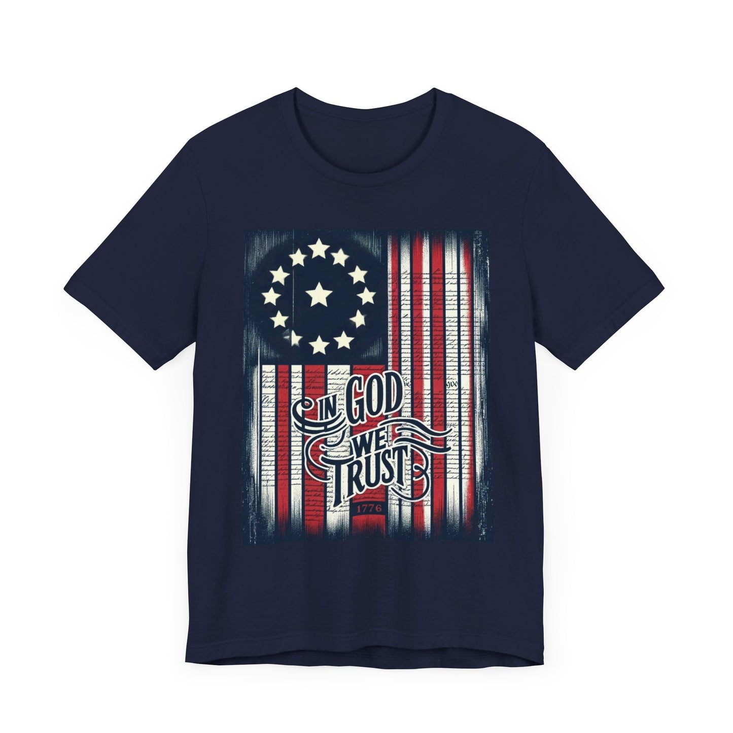 Patriotic 'In God We Trust' 4th of July shirt featuring a vintage American flag design with a bold 'In God We Trust' slogan, perfect for Independence Day celebrations.