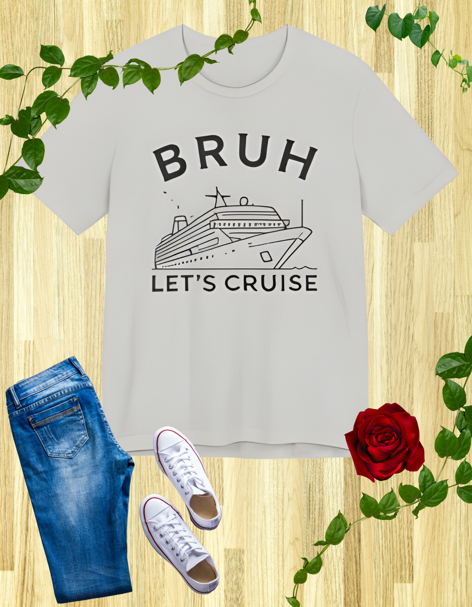 Funny 'Bruh, Let's Cruise' t-shirt with cruise ship graphic, perfect for cruise enthusiasts and vacation travelers.