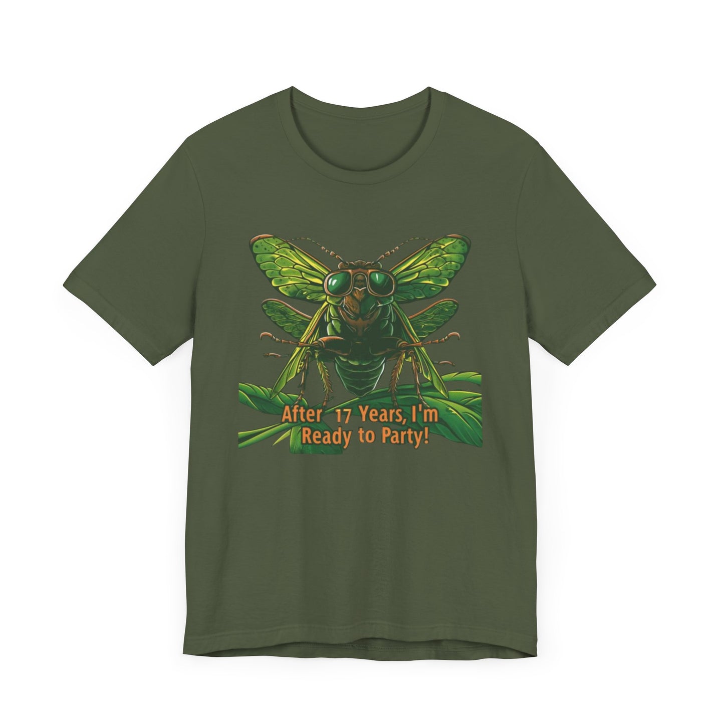 Unisex t-shirt featuring a cartoon cicada with sunglasses, captioned 'After 17 years I'm ready to party', designed for cicada lovers and bug enthusiasts.