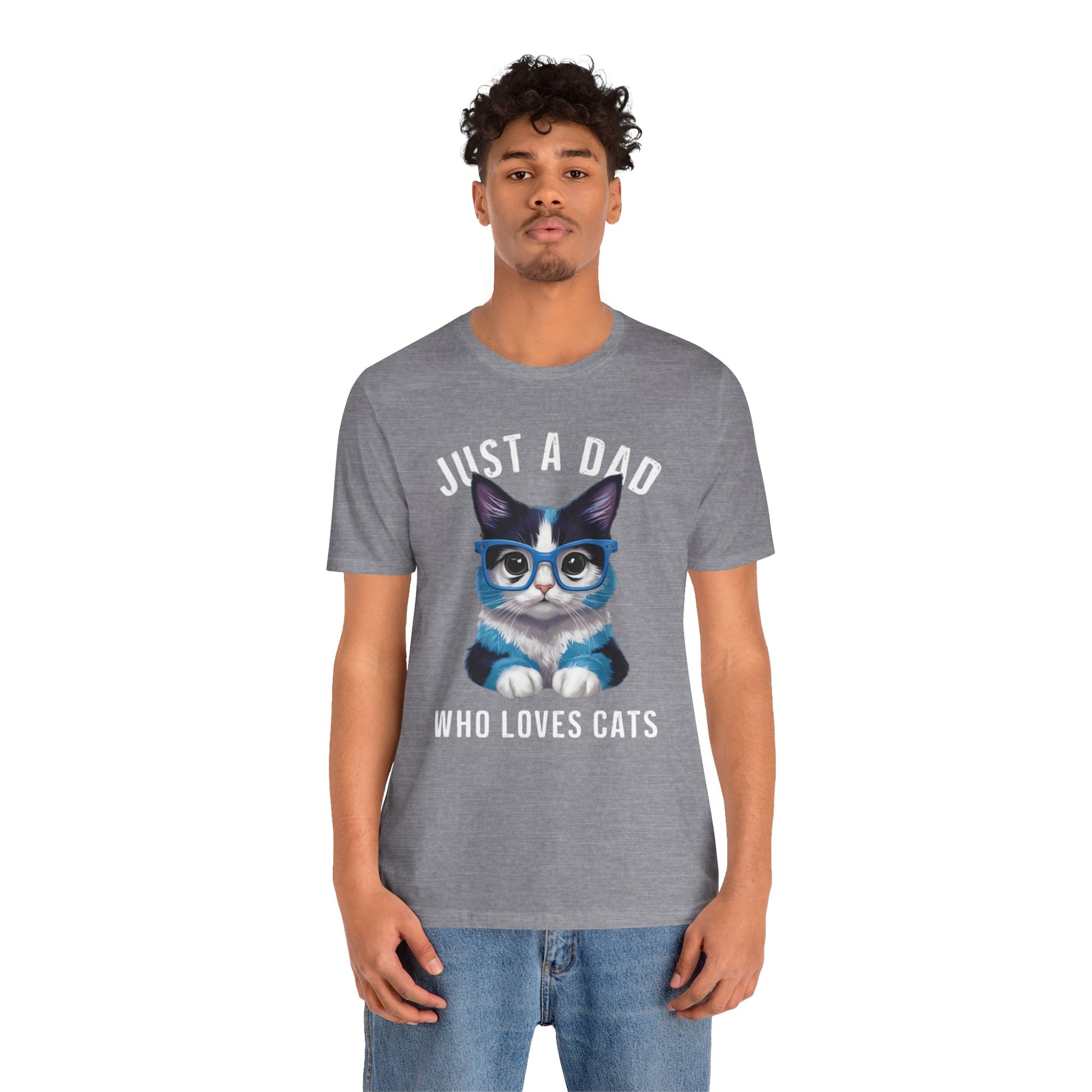 Just a Dad Who Loves Cats t-shirt featuring a cute cat graphic, perfect for dads who love cats.