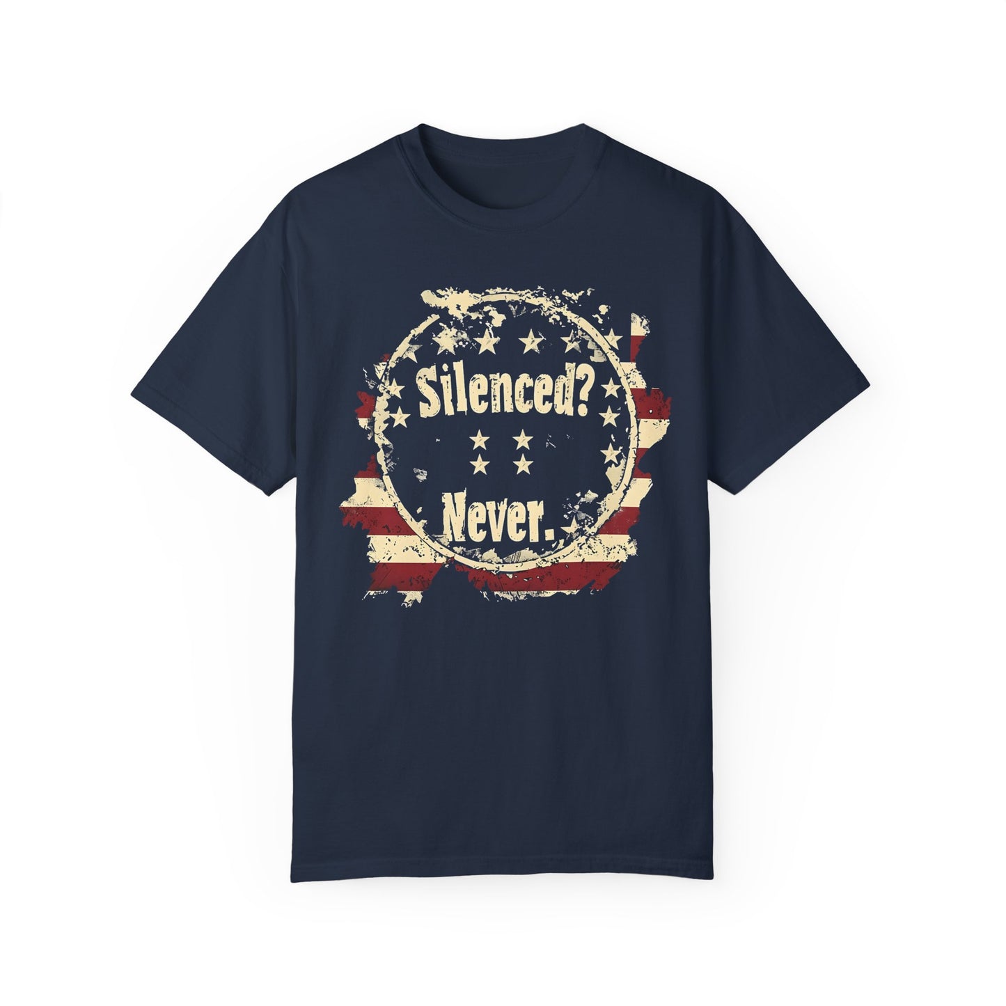 Silenced? Never. Patriotic T-Shirt with Vintage American Flag Design