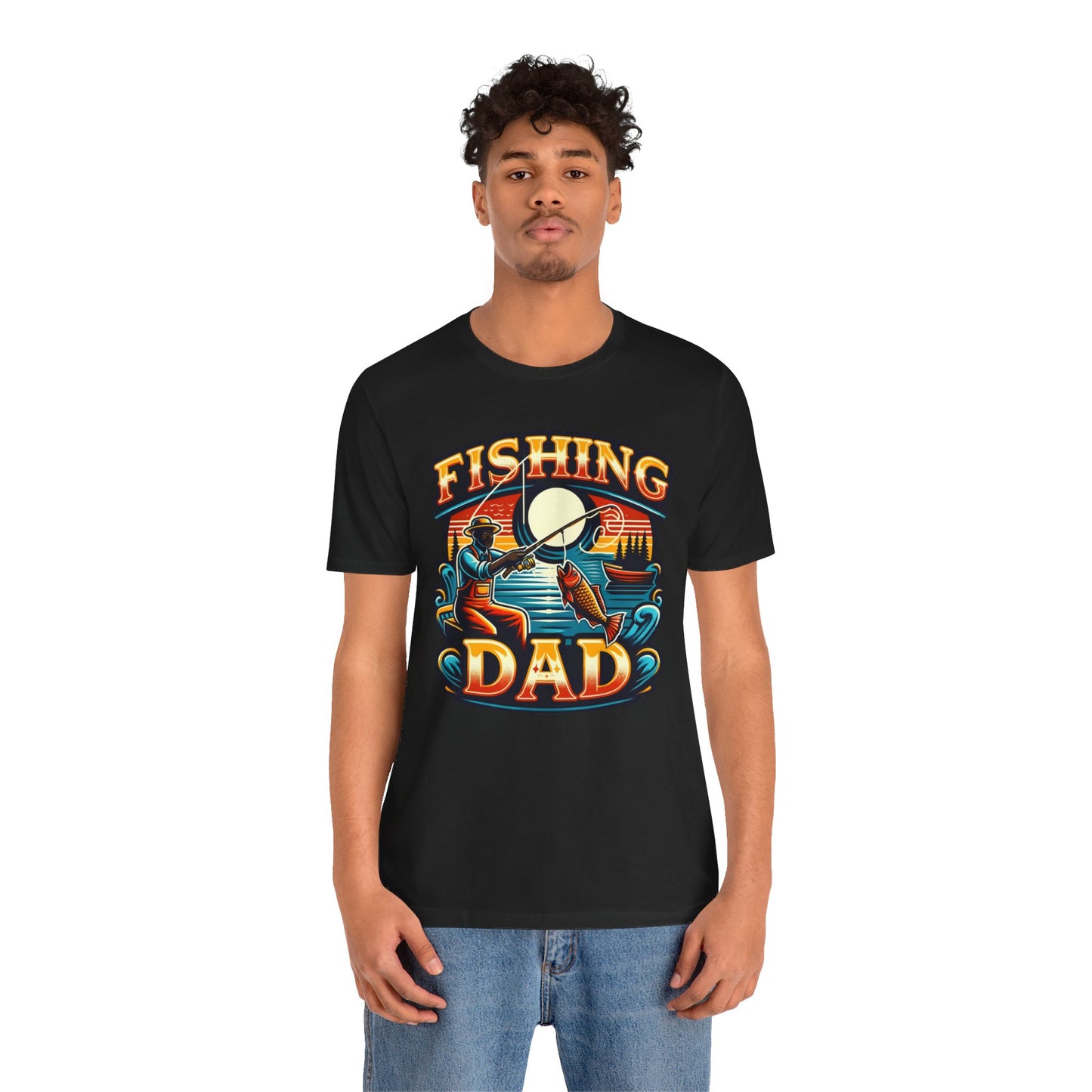 GOAT Dad Fishing T-Shirt featuring a silhouette of a dad fishing with the text 'GOAT' and a colorful fish design, perfect gift for dads who love fishing.