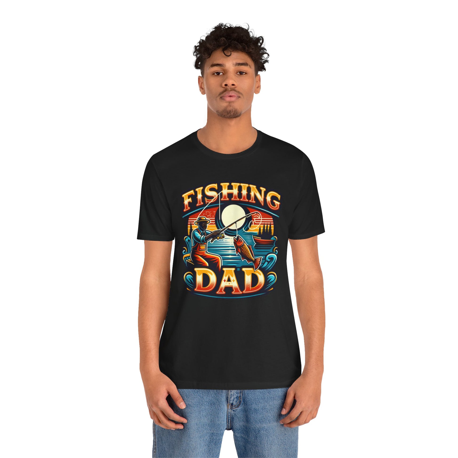 GOAT Dad Fishing T-Shirt featuring a silhouette of a dad fishing with the text 'GOAT' and a colorful fish design, perfect gift for dads who love fishing.