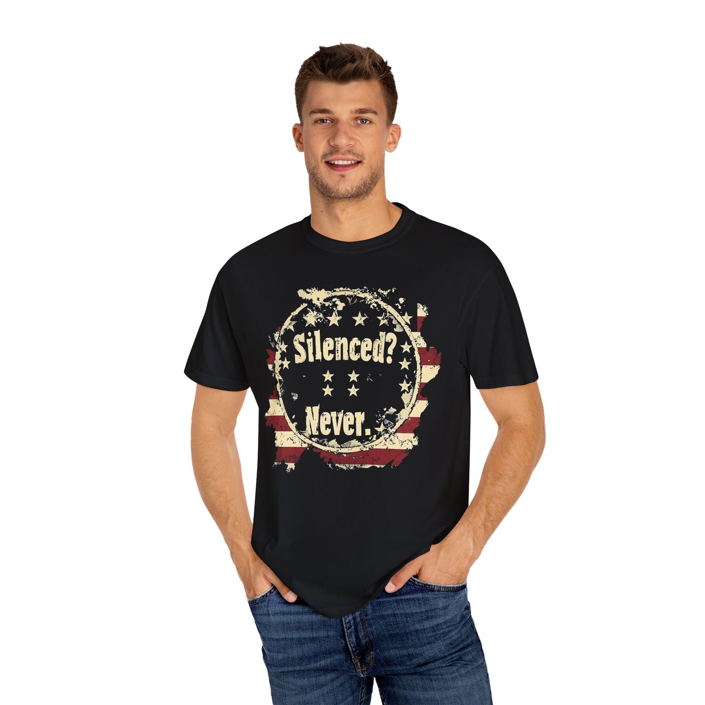 Silenced? Never. Patriotic T-Shirt with Vintage American Flag Design