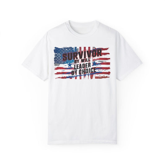 Patriotic T-Shirt - Survivor by Will, Leader by Choice | Vintage American Flag Design