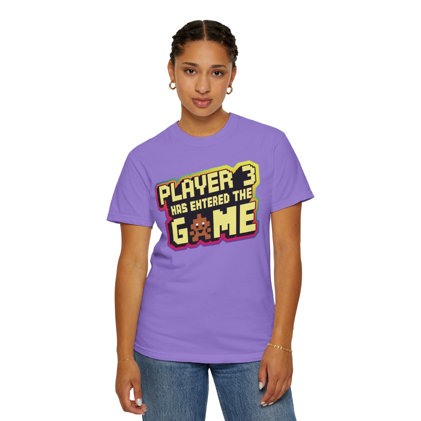 Multi-colored t-shirts featuring the text "Player 3 Has Entered the Game" in a retro gaming design.