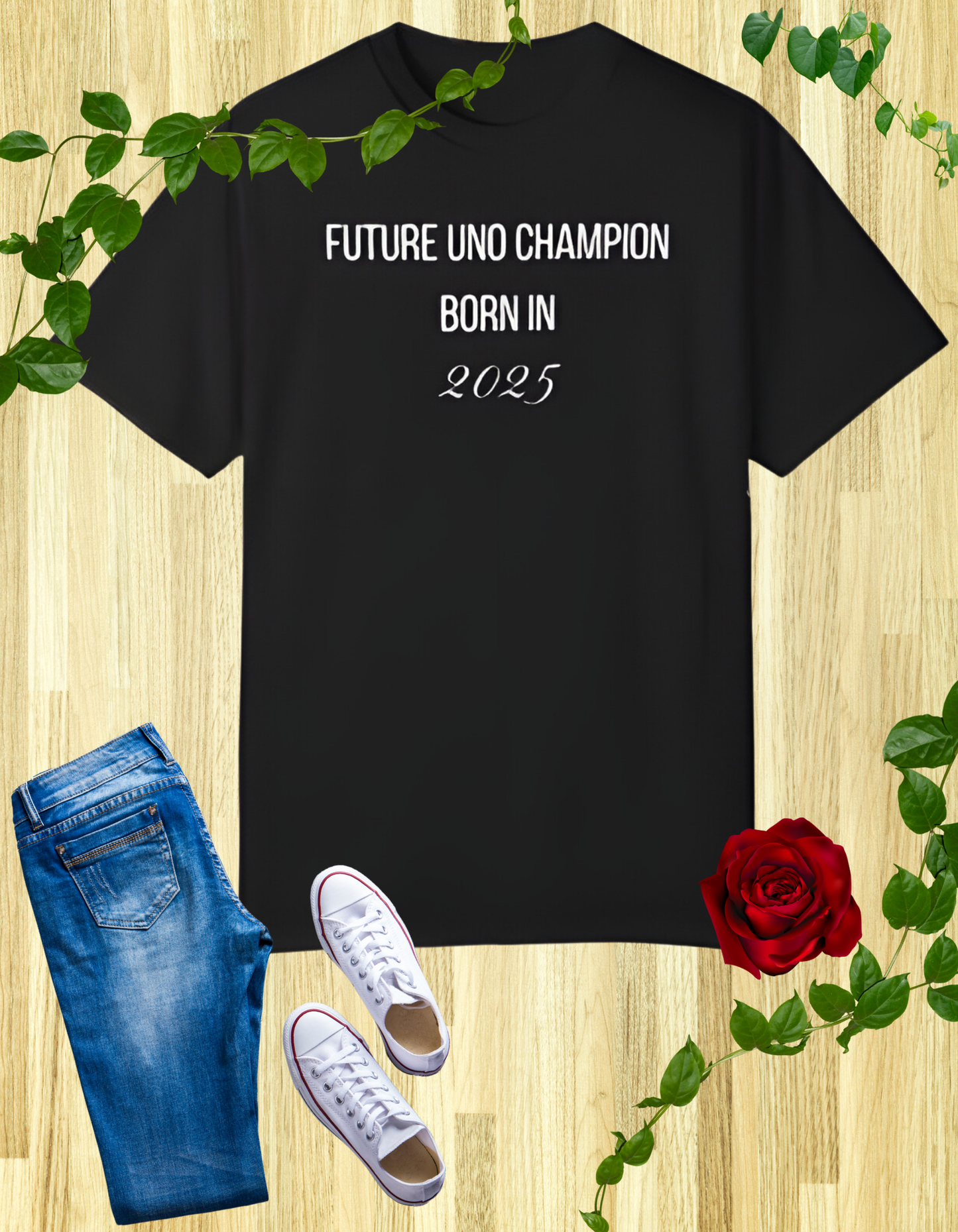 Black t-shirt with the text "Future UNO Champion Born in 2024" in a stylish, playful font.