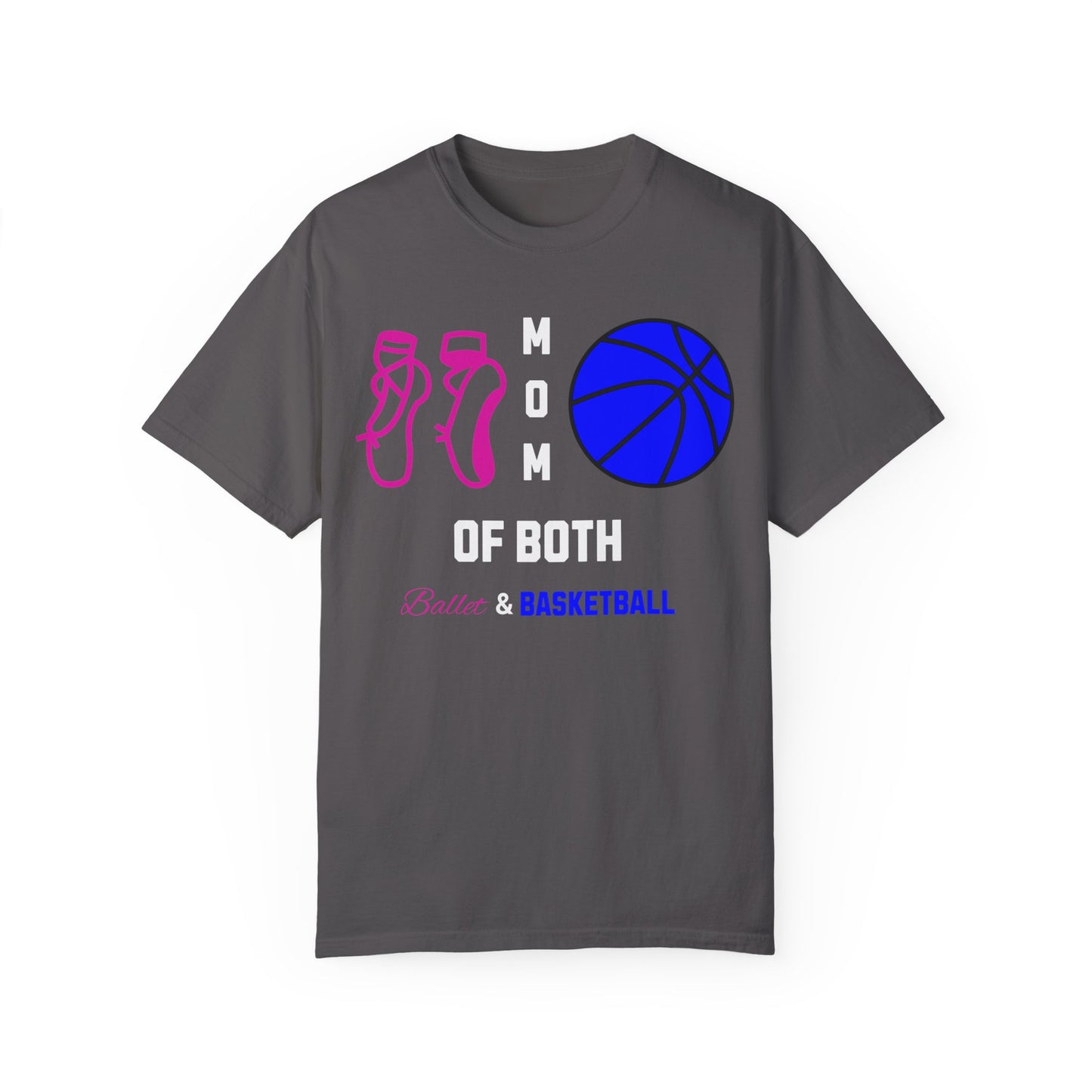 Mom of Both t-shirt featuring ballet slippers and basketball / cheerleading pom-poms and football helmet design