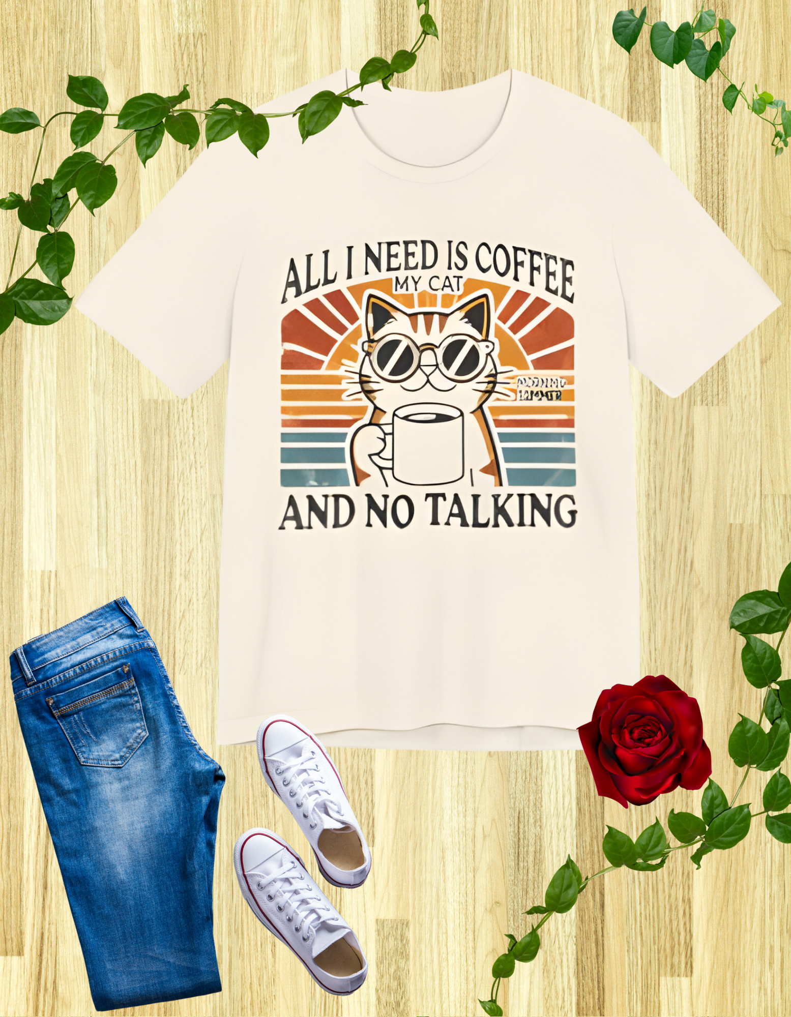 A light-colored t-shirt with a retro design of a cat wearing sunglasses, holding a coffee cup, and the text "All I Need is Coffee and My Cat.