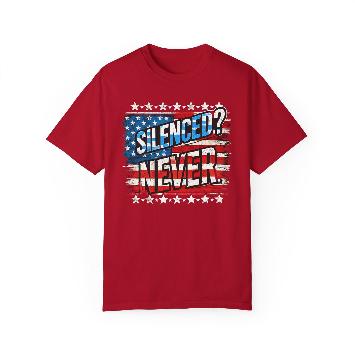 Silenced? Never. t-shirt with a distressed American flag background, featuring bold white text